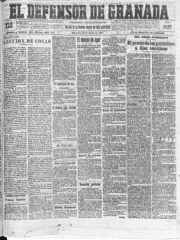 'El Defensor de Granada  : diario político independiente' - Año XLII Número 19277  - 1920 Junio 16