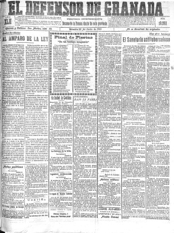 'El Defensor de Granada  : diario político independiente' - Año XLII Número 19283  - 1920 Junio 23