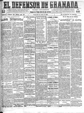 'El Defensor de Granada  : diario político independiente' - Año XLII Número 19285  - 1920 Junio 25