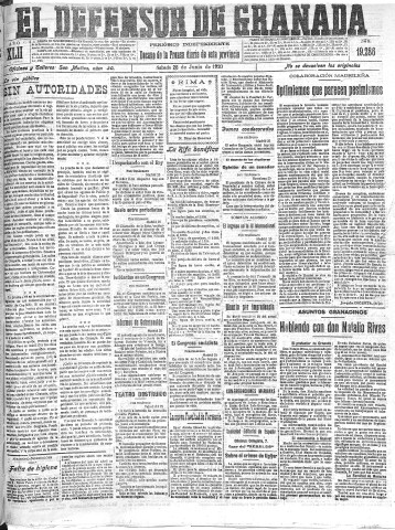 'El Defensor de Granada  : diario político independiente' - Año XLII Número 19286  - 1920 Junio 26