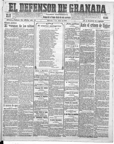 'El Defensor de Granada  : diario político independiente' - Año XLII Número 19291  - 1920 Julio 07