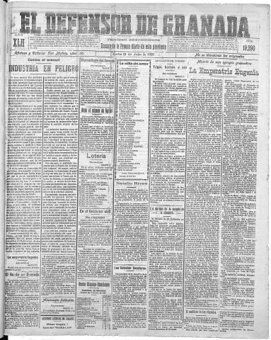 'El Defensor de Granada  : diario político independiente' - Año XLII Número 19292  - 1920 Julio 13