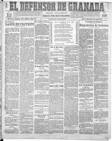 'El Defensor de Granada  : diario político independiente' - Año XLII Número 19293  - 1920 Julio 15