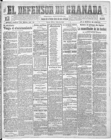 'El Defensor de Granada  : diario político independiente' - Año XLII Número 19294  - 1920 Julio 20
