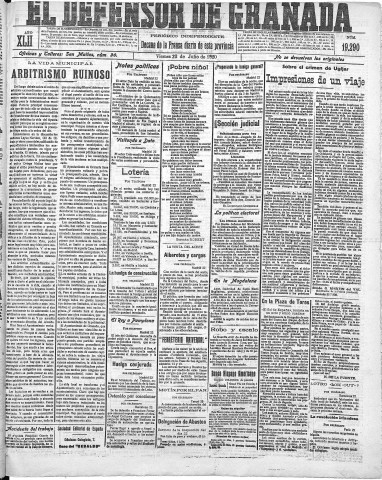 'El Defensor de Granada  : diario político independiente' - Año XLII Número 19295  - 1920 Julio 23