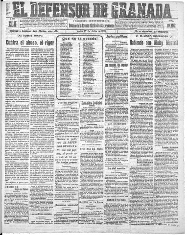 'El Defensor de Granada  : diario político independiente' - Año XLII Número 19296  - 1920 Julio 27