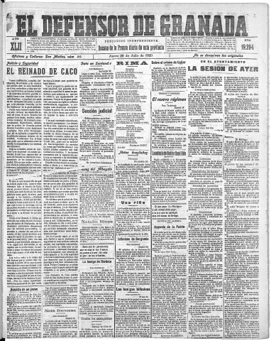 'El Defensor de Granada  : diario político independiente' - Año XLII Número 19297  - 1920 Julio 29