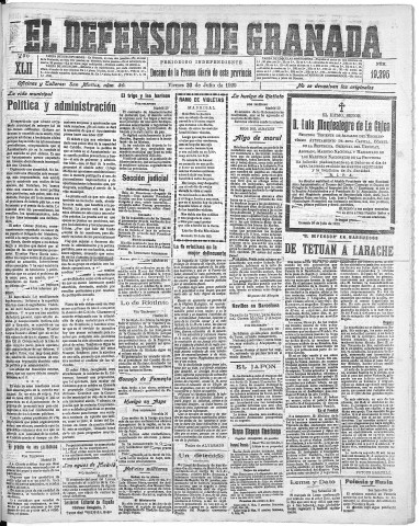 'El Defensor de Granada  : diario político independiente' - Año XLII Número 19297  - 1920 Julio 30