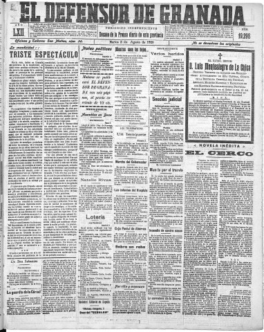 'El Defensor de Granada  : diario político independiente' - Año LXII Número 19298  - 1920 Agosto 03