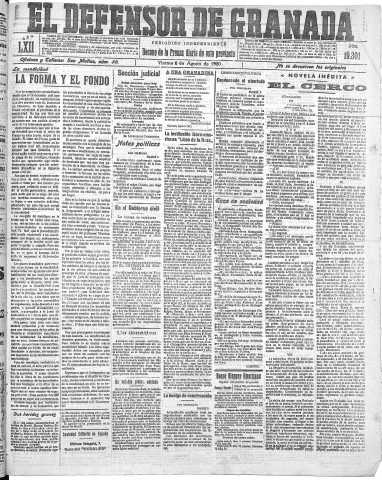 'El Defensor de Granada  : diario político independiente' - Año LXII Número 19301  - 1920 Agosto 06