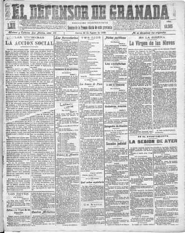 'El Defensor de Granada  : diario político independiente' - Año LXII Número 19305  - 1920 Agosto 12