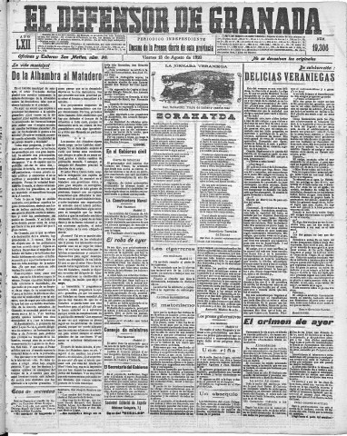'El Defensor de Granada  : diario político independiente' - Año LXII Número 19306  - 1920 Agosto 13