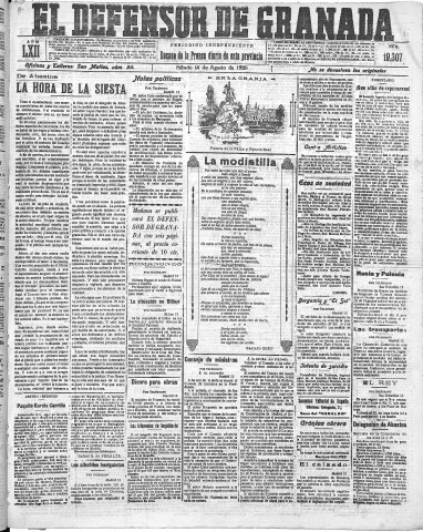 'El Defensor de Granada  : diario político independiente' - Año LXII Número 19307  - 1920 Agosto 14