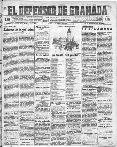 'El Defensor de Granada  : diario político independiente' - Año LXII Número 19309  - 1920 Agosto 17