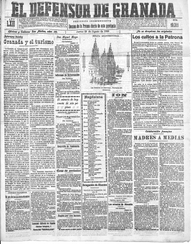 'El Defensor de Granada  : diario político independiente' - Año LXII Número 19311  - 1920 Agosto 19