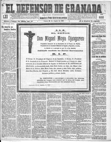 'El Defensor de Granada  : diario político independiente' - Año LXII Número 19312  - 1920 Agosto 20
