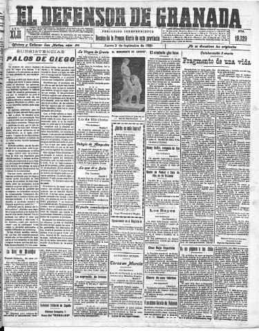 'El Defensor de Granada  : diario político independiente' - Año LXII Número 19329  - 1920 Septiembre 09