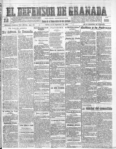 'El Defensor de Granada  : diario político independiente' - Año LXII Número 19331  - 1920 Septiembre 11