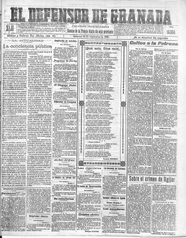 'El Defensor de Granada  : diario político independiente' - Año LXII Número 19334  - 1920 Septiembre 15