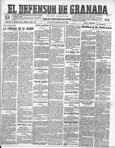 'El Defensor de Granada  : diario político independiente' - Año LXII Número 19335  - 1920 Septiembre 16