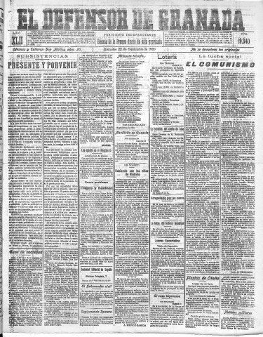 'El Defensor de Granada  : diario político independiente' - Año LXII Número 19340  - 1920 Septiembre 22