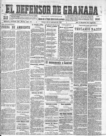 'El Defensor de Granada  : diario político independiente' - Año LXII Número 19343  - 1920 Septiembre 25