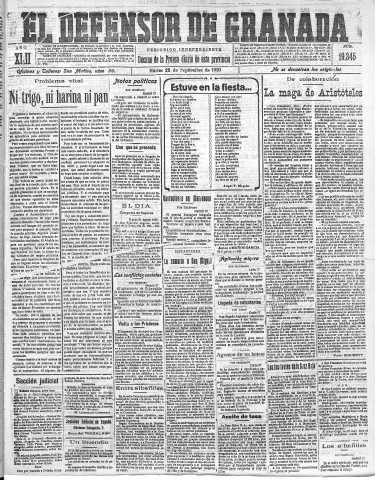 'El Defensor de Granada  : diario político independiente' - Año LXII Número 19345  - 1920 Septiembre 28