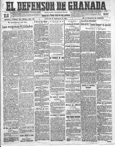 'El Defensor de Granada  : diario político independiente' - Año LXII Número 19347  - 1920 Septiembre 30