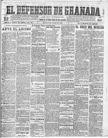 'El Defensor de Granada  : diario político independiente' - Año LXII Número 19351  - 1920 Octubre 05