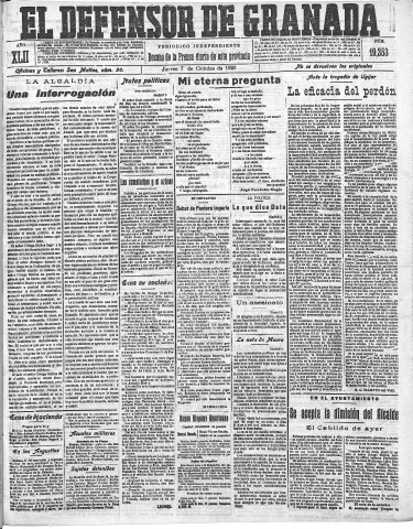 'El Defensor de Granada  : diario político independiente' - Año LXII Número 19353  - 1920 Octubre 07