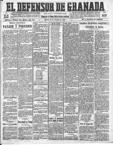 'El Defensor de Granada  : diario político independiente' - Año LXII Número 19357  - 1920 Octubre 12
