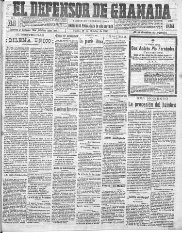 'El Defensor de Granada  : diario político independiente' - Año LXII Número 19361  - 1920 Octubre 16