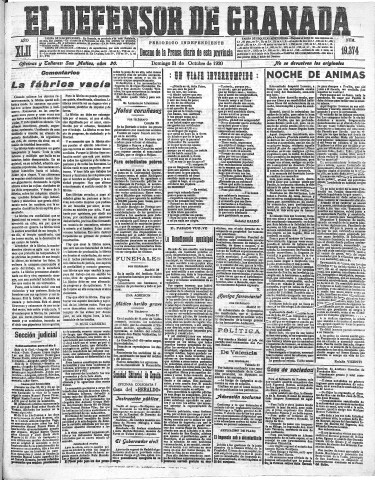 'El Defensor de Granada  : diario político independiente' - Año LXII Número 19374  - 1920 Octubre 31