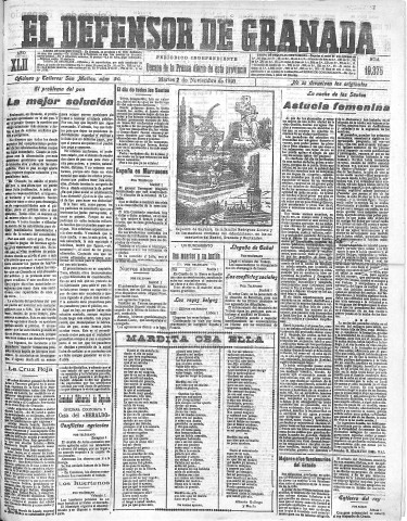 'El Defensor de Granada  : diario político independiente' - Año LXII Número 19375  - 1920 Noviembre 02