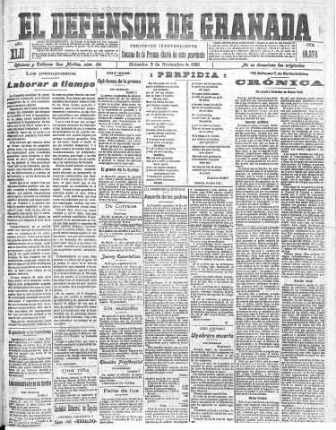'El Defensor de Granada  : diario político independiente' - Año LXII Número 19376  - 1920 Noviembre 03