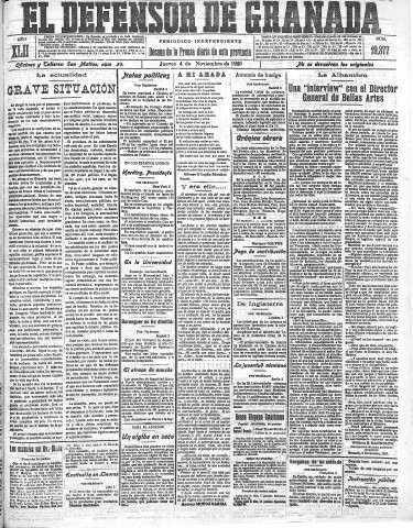 'El Defensor de Granada  : diario político independiente' - Año LXII Número 19377  - 1920 Noviembre 04
