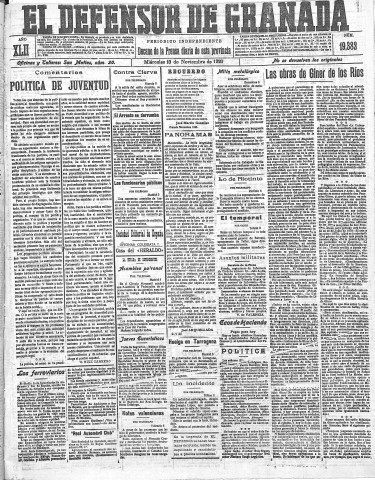 'El Defensor de Granada  : diario político independiente' - Año LXII Número 19382  - 1920 Noviembre 10
