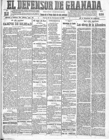 'El Defensor de Granada  : diario político independiente' - Año LXII Número 19384  - 1920 Noviembre 12