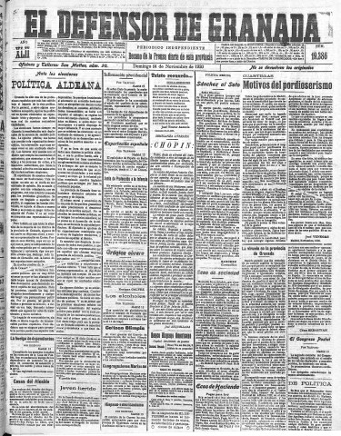 'El Defensor de Granada  : diario político independiente' - Año LXII Número 19386  - 1920 Noviembre 14