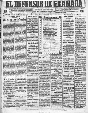 'El Defensor de Granada  : diario político independiente' - Año LXII Número 19387  - 1920 Noviembre 16