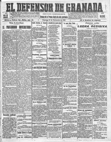 'El Defensor de Granada  : diario político independiente' - Año LXII Número 19392  - 1920 Noviembre 21