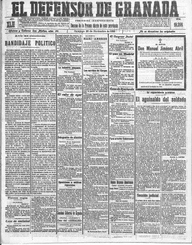 'El Defensor de Granada  : diario político independiente' - Año LXII Número 19398  - 1920 Noviembre 28