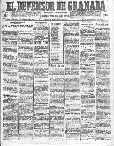'El Defensor de Granada  : diario político independiente' - Año LXII Número 19399  - 1920 Noviembre 30