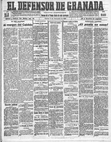 'El Defensor de Granada  : diario político independiente' - Año LXII Número 19402  - 1920 Diciembre 03
