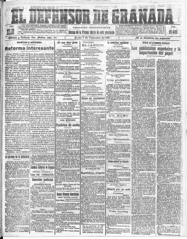 'El Defensor de Granada  : diario político independiente' - Año LXII Número 19405  - 1920 Diciembre 07