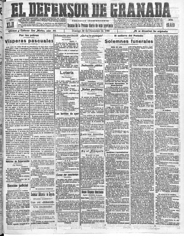 'El Defensor de Granada  : diario político independiente' - Año LXII Número 19410  - 1920 Diciembre 12