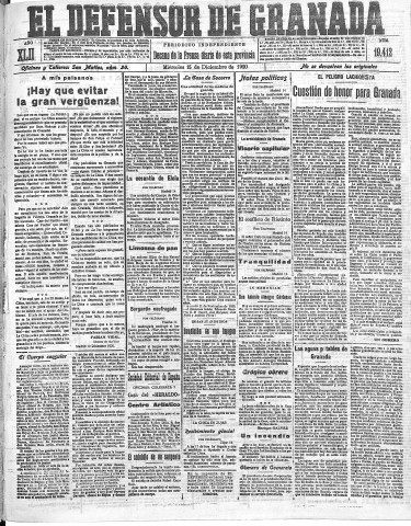 'El Defensor de Granada  : diario político independiente' - Año LXII Número 19412  - 1920 Diciembre 15