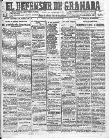 'El Defensor de Granada  : diario político independiente' - Año LXII Número 19414  - 1920 Diciembre 17