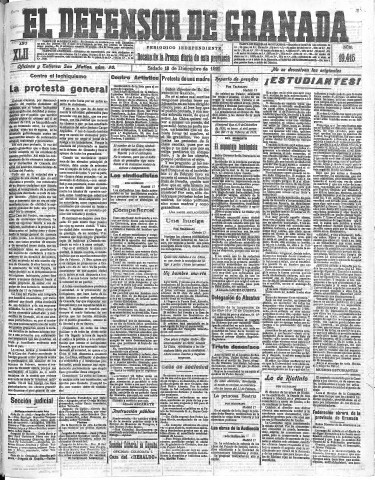 'El Defensor de Granada  : diario político independiente' - Año LXII Número 19415  - 1920 Diciembre 18