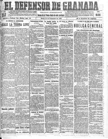'El Defensor de Granada  : diario político independiente' - Año LXII Número 19416  - 1920 Diciembre 21